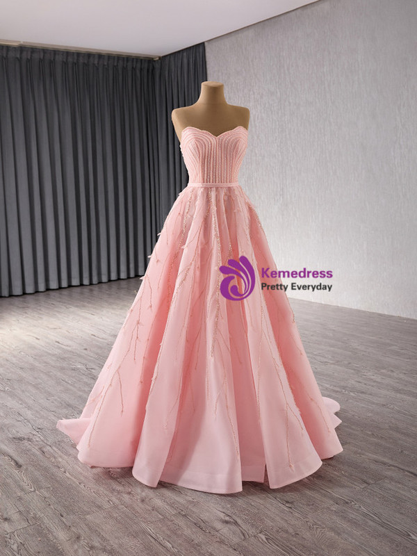 Pink Tulle Strapless Beading Prom Dress