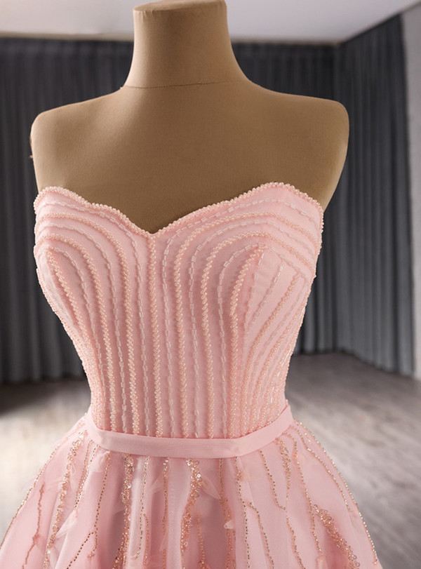 Pink Tulle Strapless Beading Prom Dress