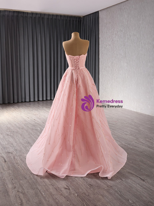 Pink Tulle Strapless Beading Prom Dress