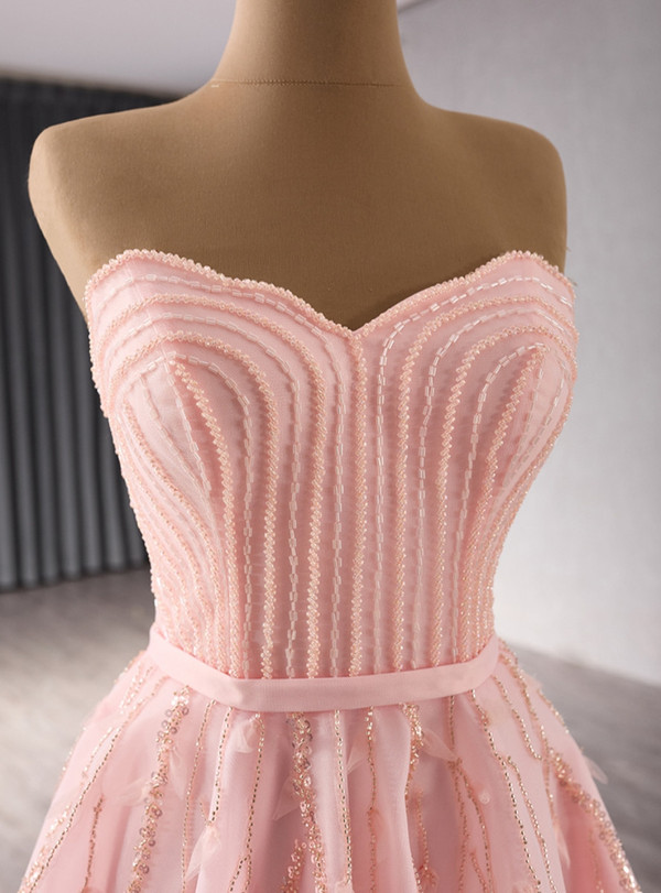 Pink Tulle Strapless Beading Prom Dress