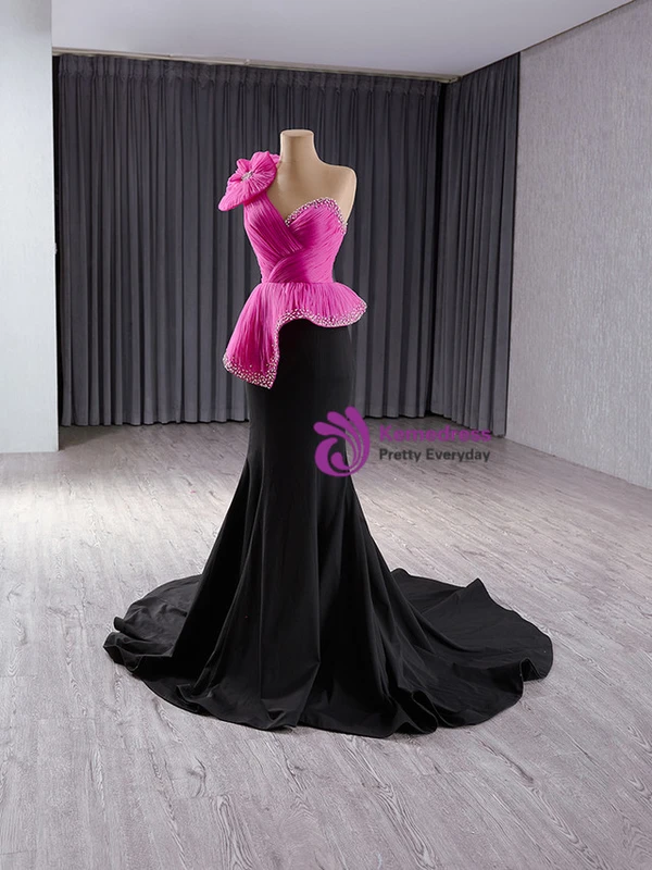 Black Mermaid Fuchsia Tulle Pleats Prom Dress