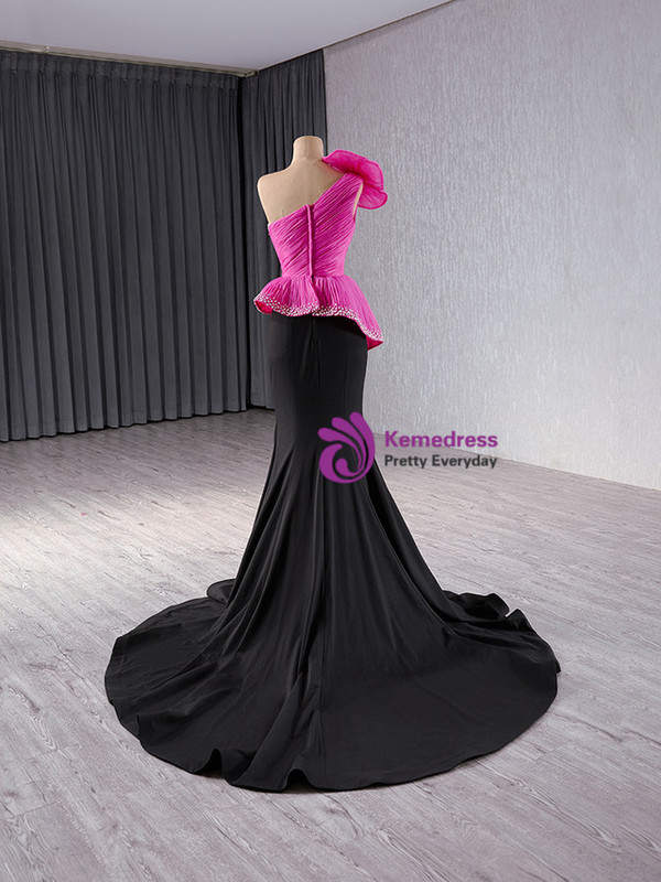 Black Mermaid Fuchsia Tulle Pleats Prom Dress