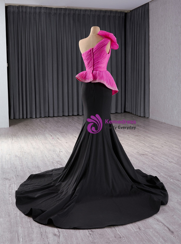 Black Mermaid Fuchsia Tulle Pleats Prom Dress