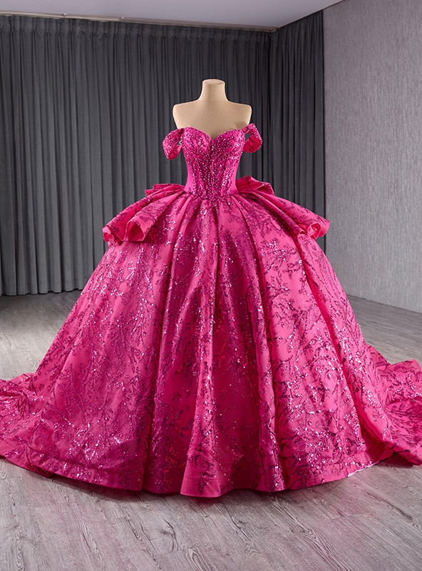 Fuchsia Sequins Off the Shoulder Bow Prom Dress
