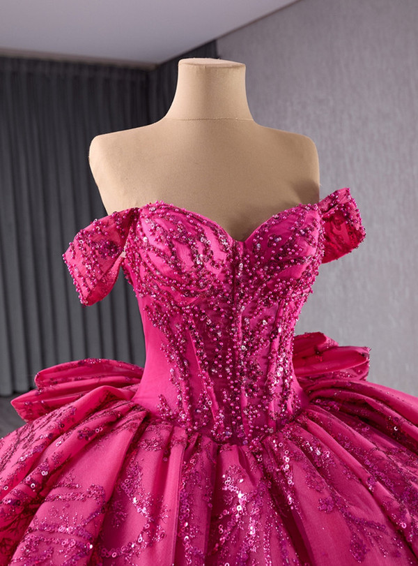Fuchsia Sequins Off the Shoulder Bow Prom Dress