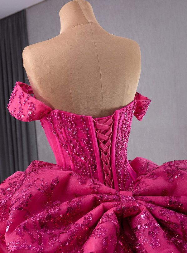 Fuchsia Sequins Off the Shoulder Bow Prom Dress