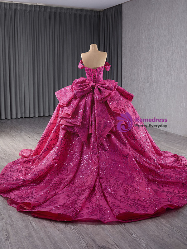 Fuchsia Sequins Off the Shoulder Bow Prom Dress