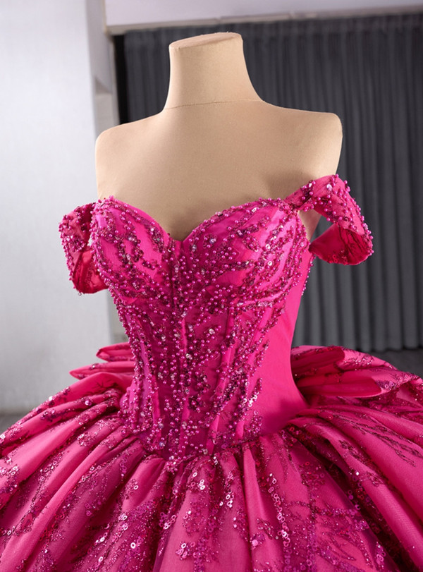 Fuchsia Sequins Off the Shoulder Bow Prom Dress