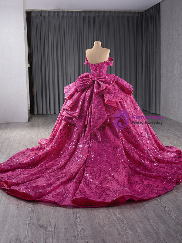 Fuchsia Sequins Off the Shoulder Bow Prom Dress