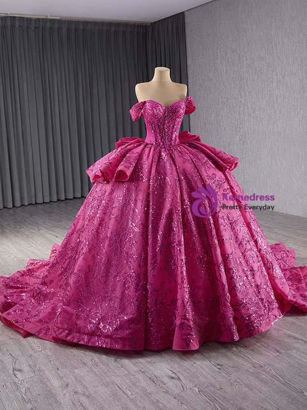 Fuchsia Sequins Off the Shoulder Bow Prom Dress