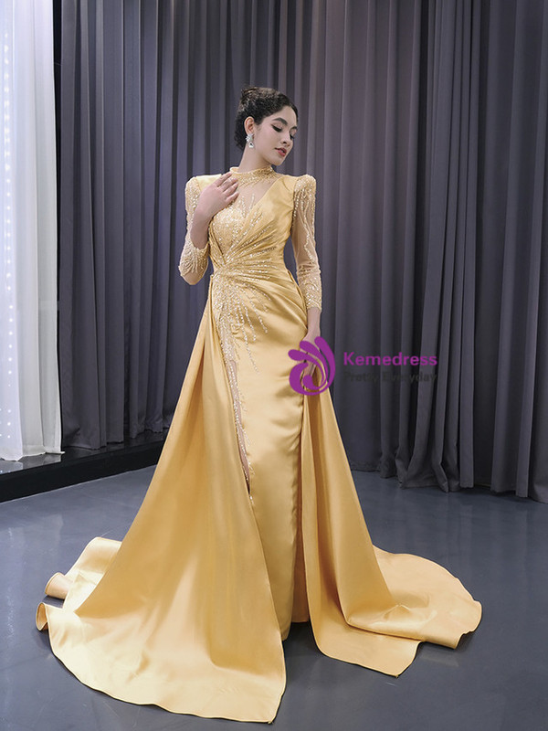 Gold Satin Long Sleeve Sequins Backless Prom Dress