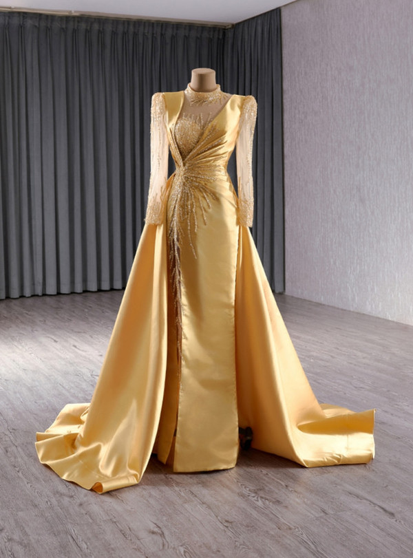Gold Satin Long Sleeve Sequins Backless Prom Dress