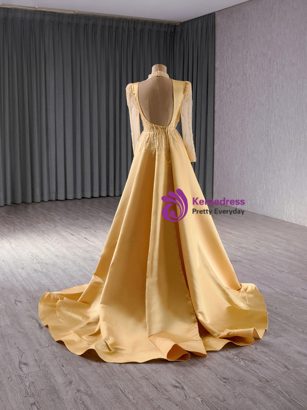 Gold Satin Long Sleeve Sequins Backless Prom Dress