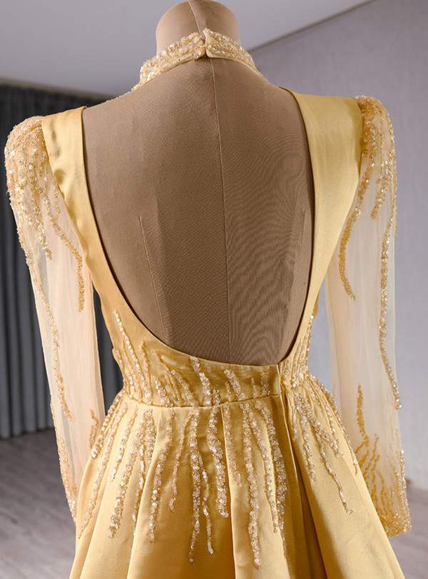 Gold Satin Long Sleeve Sequins Backless Prom Dress