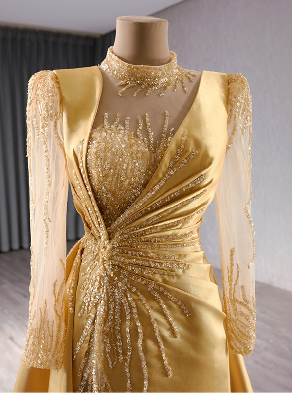 Gold Satin Long Sleeve Sequins Backless Prom Dress