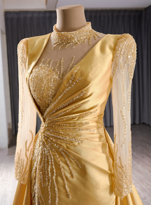 Gold Satin Long Sleeve Sequins Backless Prom Dress