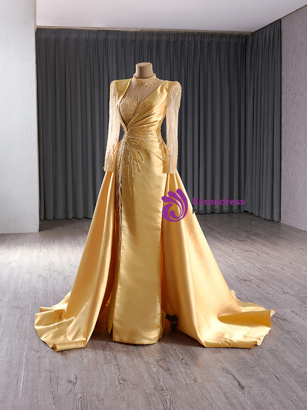 Gold Satin Long Sleeve Sequins Backless Prom Dress