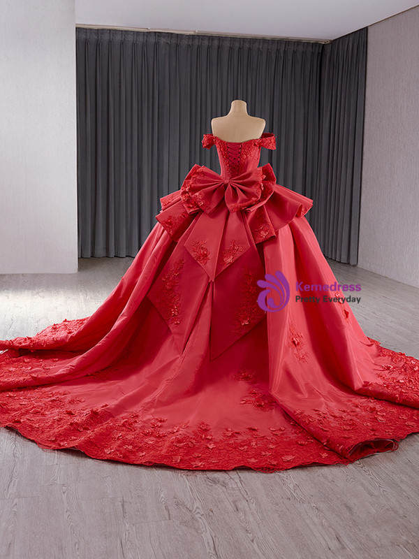 Red Satin Off the Shoulder Appliques Bow Prom Dress