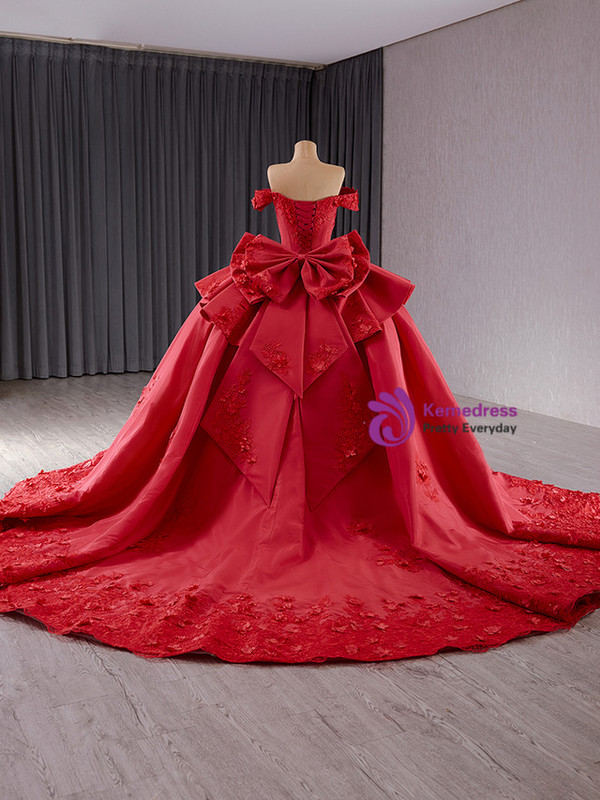 Red Satin Off the Shoulder Appliques Bow Prom Dress
