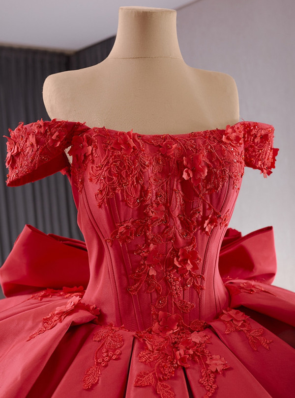 Red Satin Off the Shoulder Appliques Bow Prom Dress