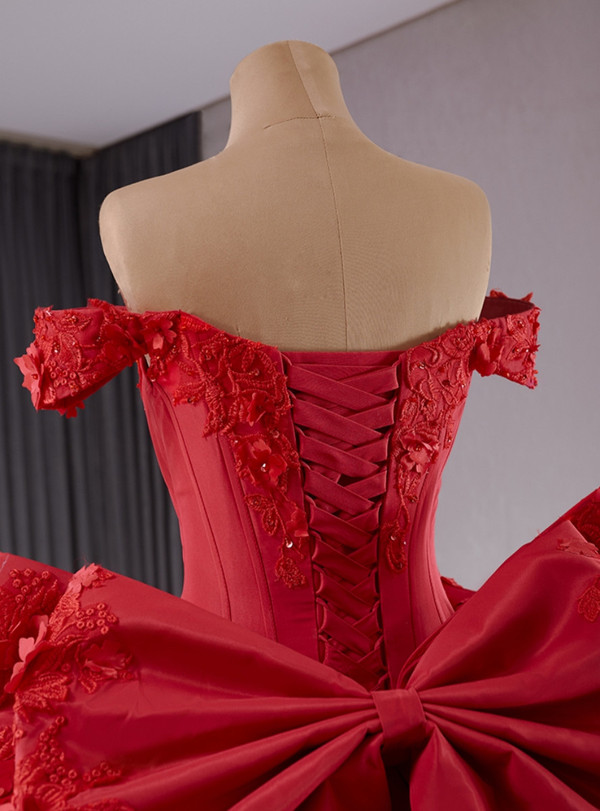 Red Satin Off the Shoulder Appliques Bow Prom Dress