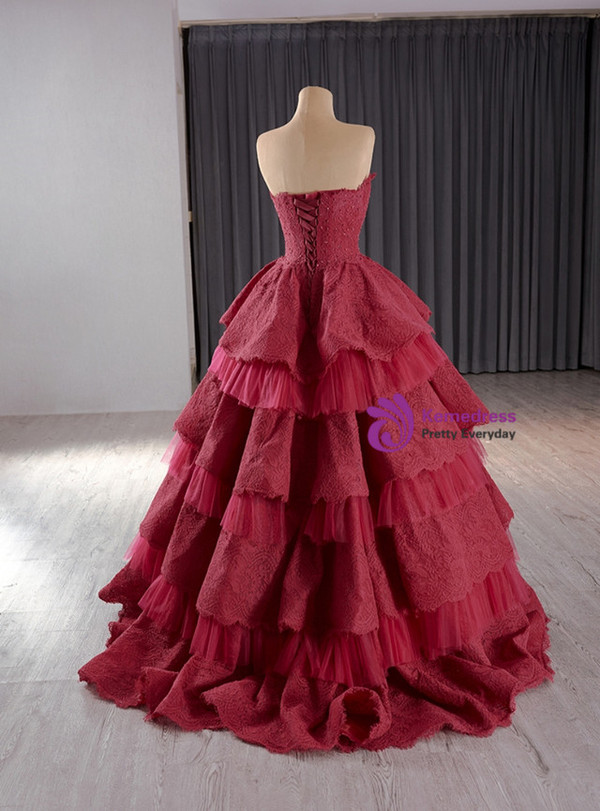 Burgundy Tulle Lace Beading Strapless Prom Dress