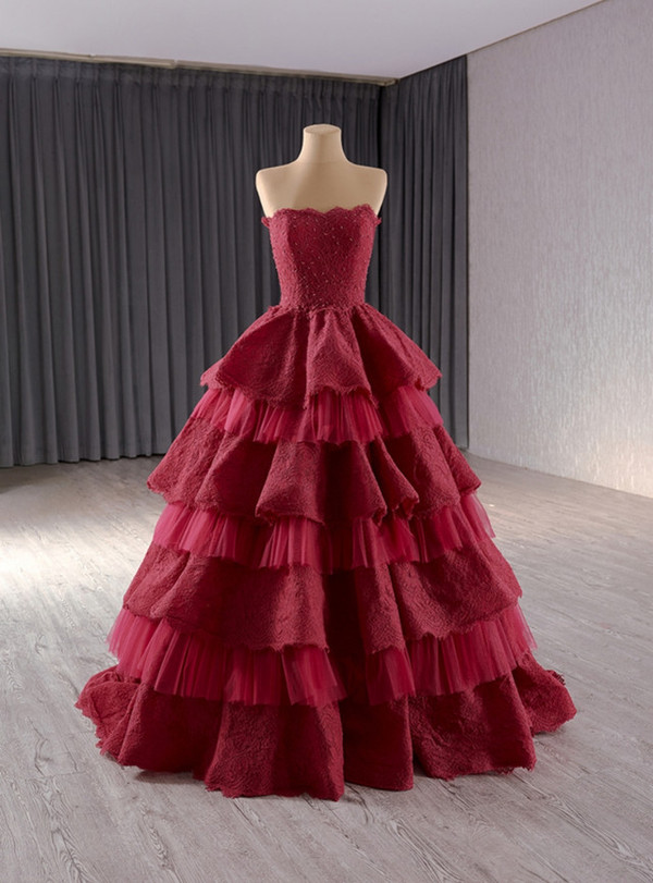 Burgundy Tulle Lace Beading Strapless Prom Dress
