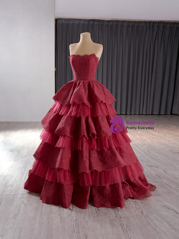 Burgundy Tulle Lace Beading Strapless Prom Dress