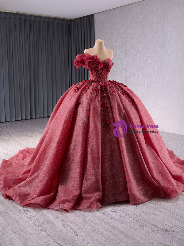 Burgundy Ball Gown Tulle Strapless Appliques Beading Prom Dress