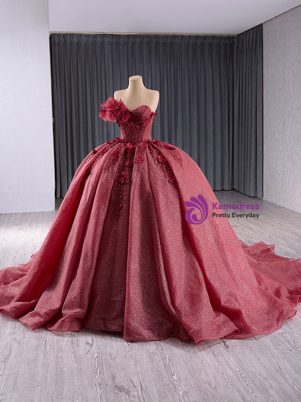 Burgundy Ball Gown Tulle Strapless Appliques Beading Prom Dress