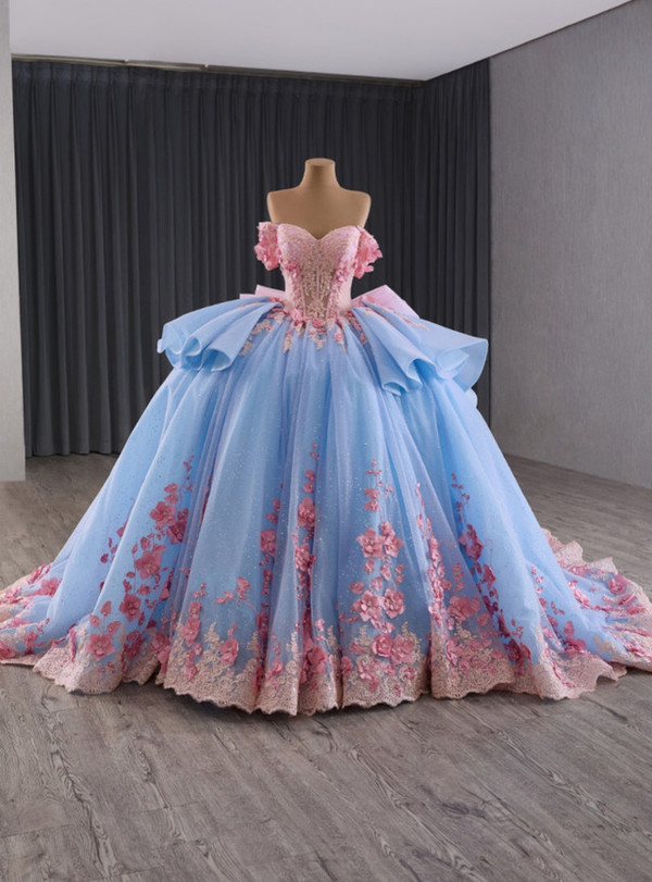Blue Ball Gown Tulle Pink 3D Appliques Prom Dress