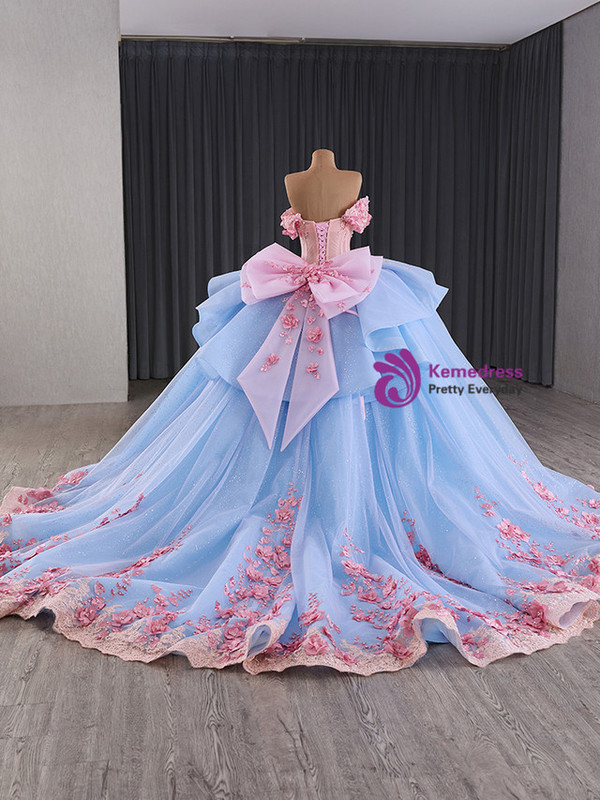 Blue Ball Gown Tulle Pink 3D Appliques Prom Dress
