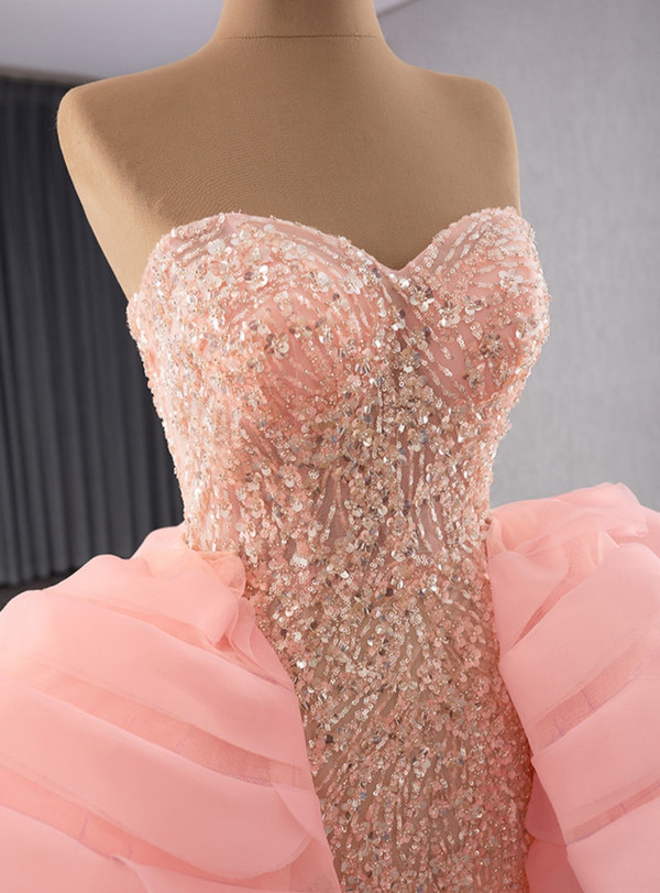 Pink Sequins Prom Dress With Detachable Train