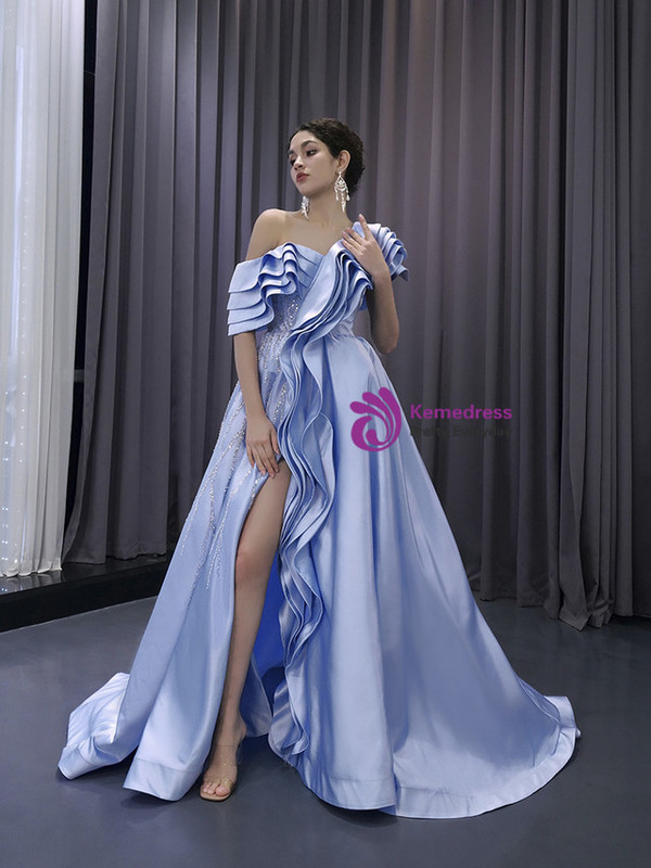 Blue Satin One Shoulder Sequins Prom Dress