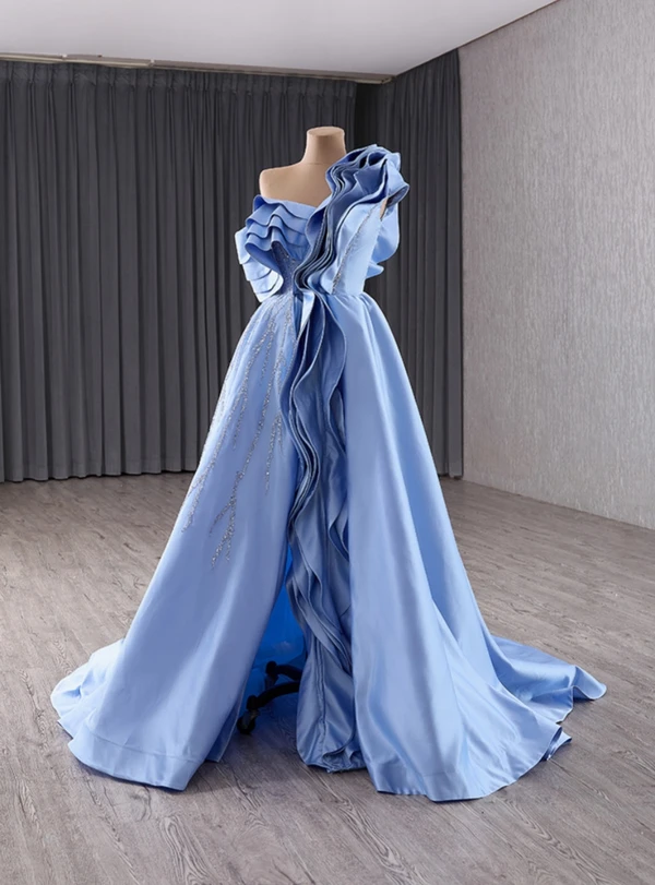 Blue Satin One Shoulder Sequins Prom Dress