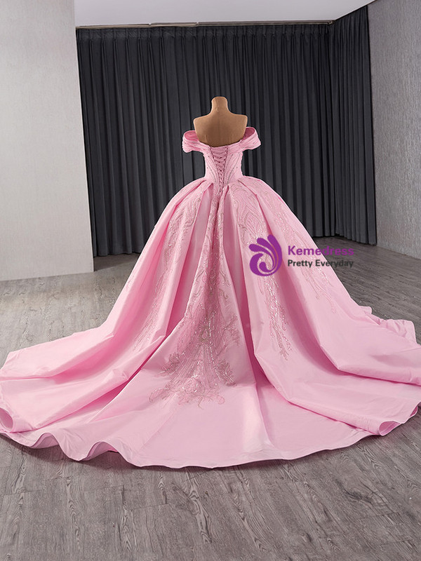 Pink Satin Off the Shoulder Pleats Sequins Prom Dress