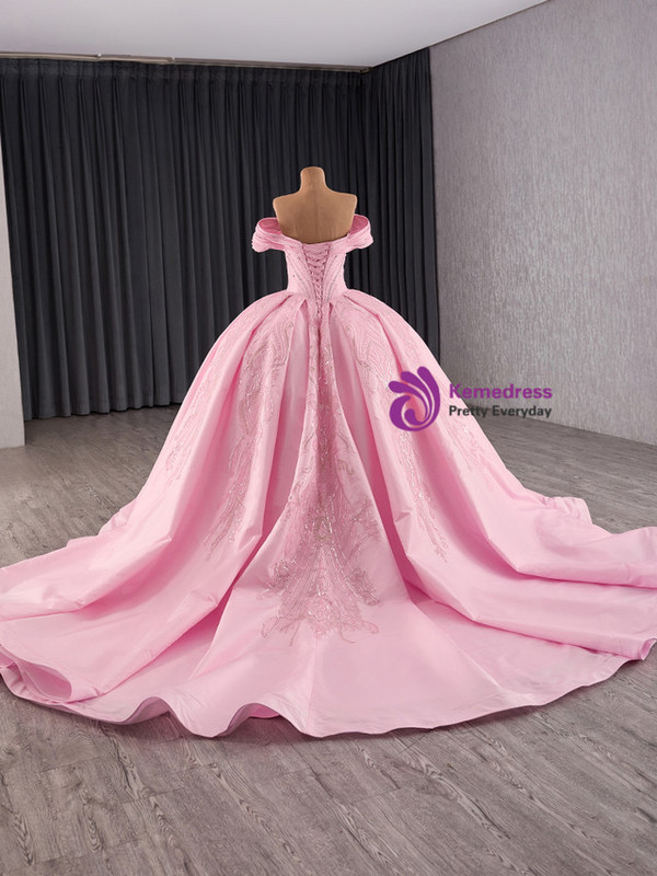 Pink Satin Off the Shoulder Pleats Sequins Prom Dress
