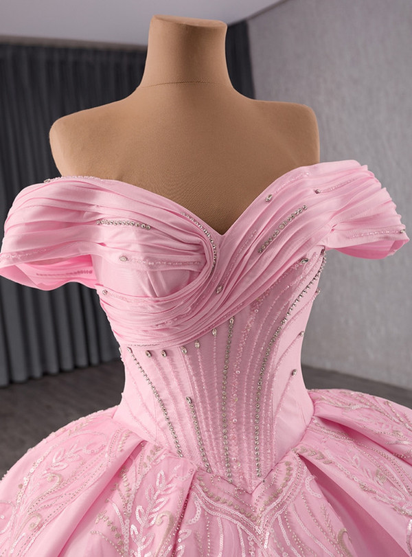 Pink Satin Off the Shoulder Pleats Sequins Prom Dress