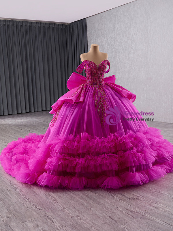 Fuchsia Tulle Beading Sequins Prom Dress
