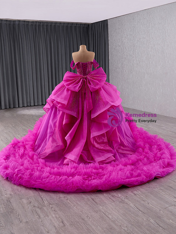 Fuchsia Tulle Beading Sequins Prom Dress