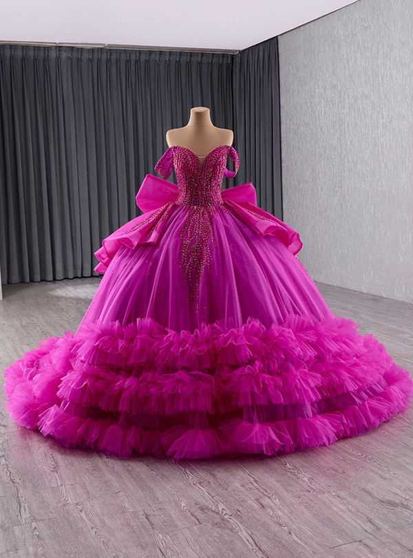 Fuchsia Tulle Beading Sequins Prom Dress