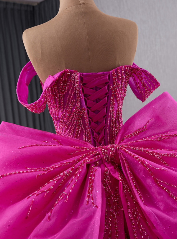 Fuchsia Tulle Beading Sequins Prom Dress