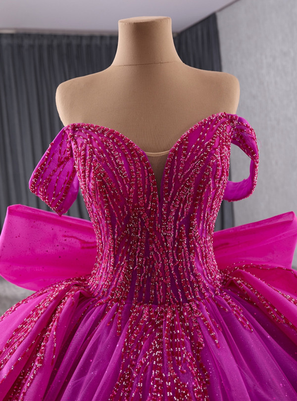 Fuchsia Tulle Beading Sequins Prom Dress