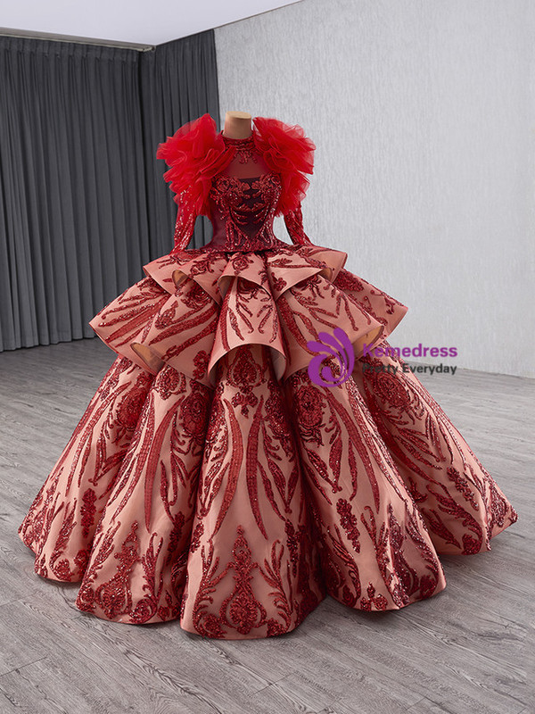 Red Ball Gown Sequins Long Sleeve High Neck Prom Dress