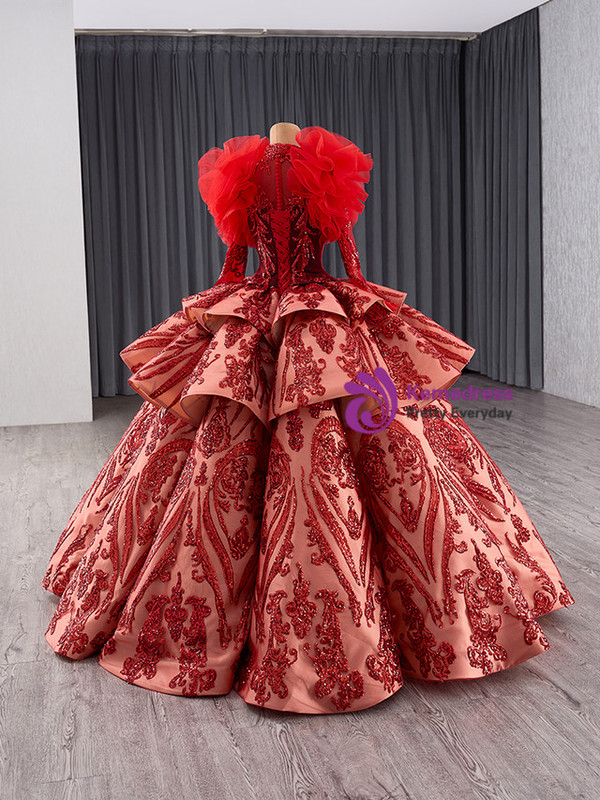 Red Ball Gown Sequins Long Sleeve High Neck Prom Dress