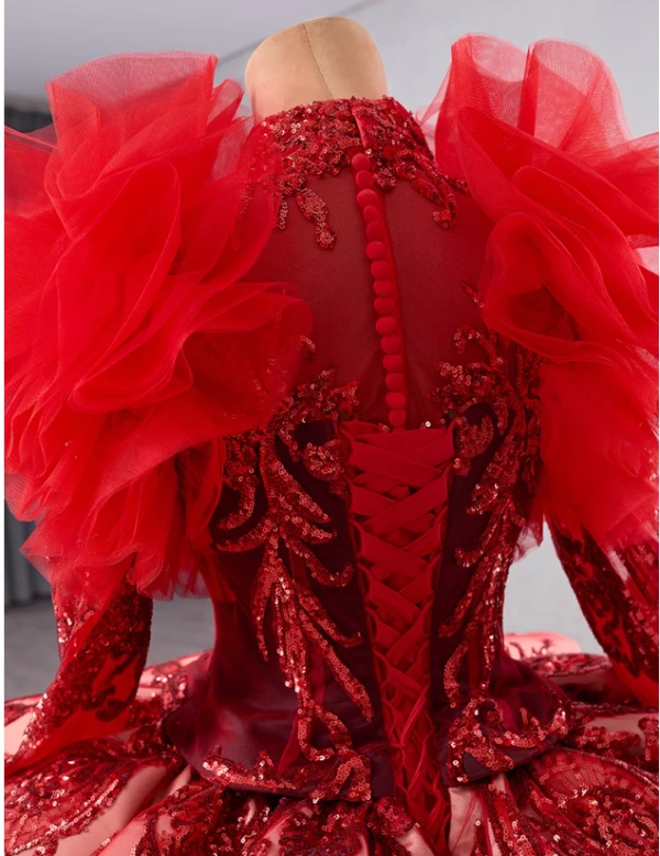 Red Ball Gown Sequins Long Sleeve High Neck Prom Dress