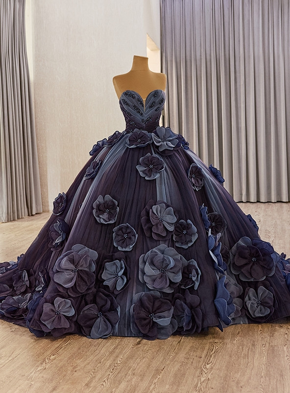 Navy Blue Tulle Straples 3D Flower Beading Prom Dress