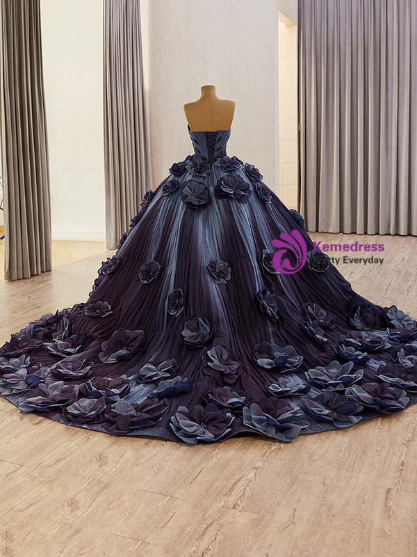 Navy Blue Tulle Straples 3D Flower Beading Prom Dress
