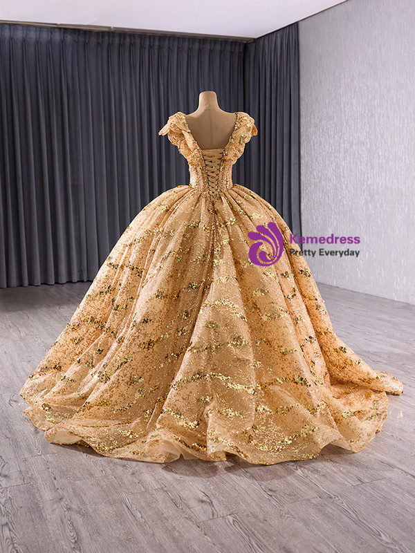 Gold Ball Gown Sequins V-neck Prom Dress