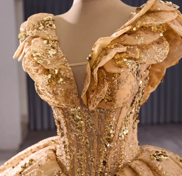 Gold Ball Gown Sequins V-neck Prom Dress